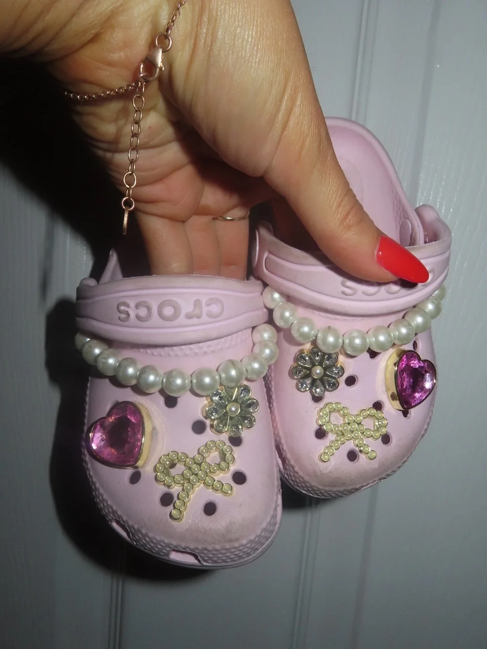 CROCS Light Pink Kids Clogs with Pearl Strap & Gem Charms